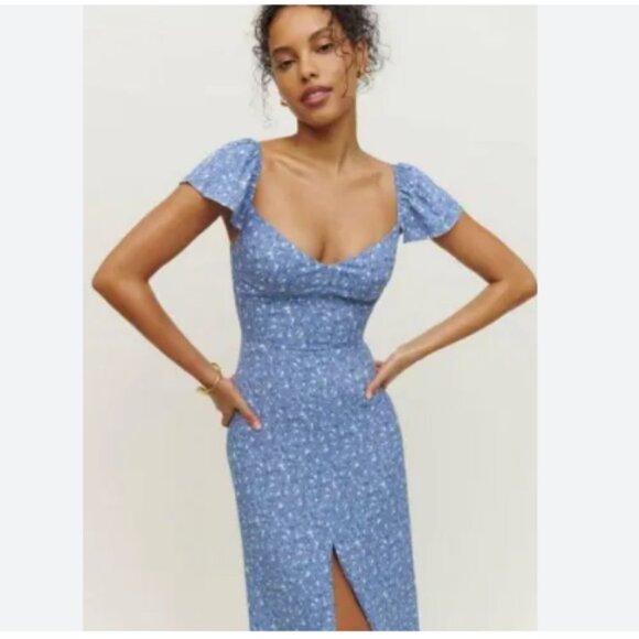 Reformation Baxley Dress in Eve Blue White Floral Print Midi Short Sleeves - Picture 1 of 3